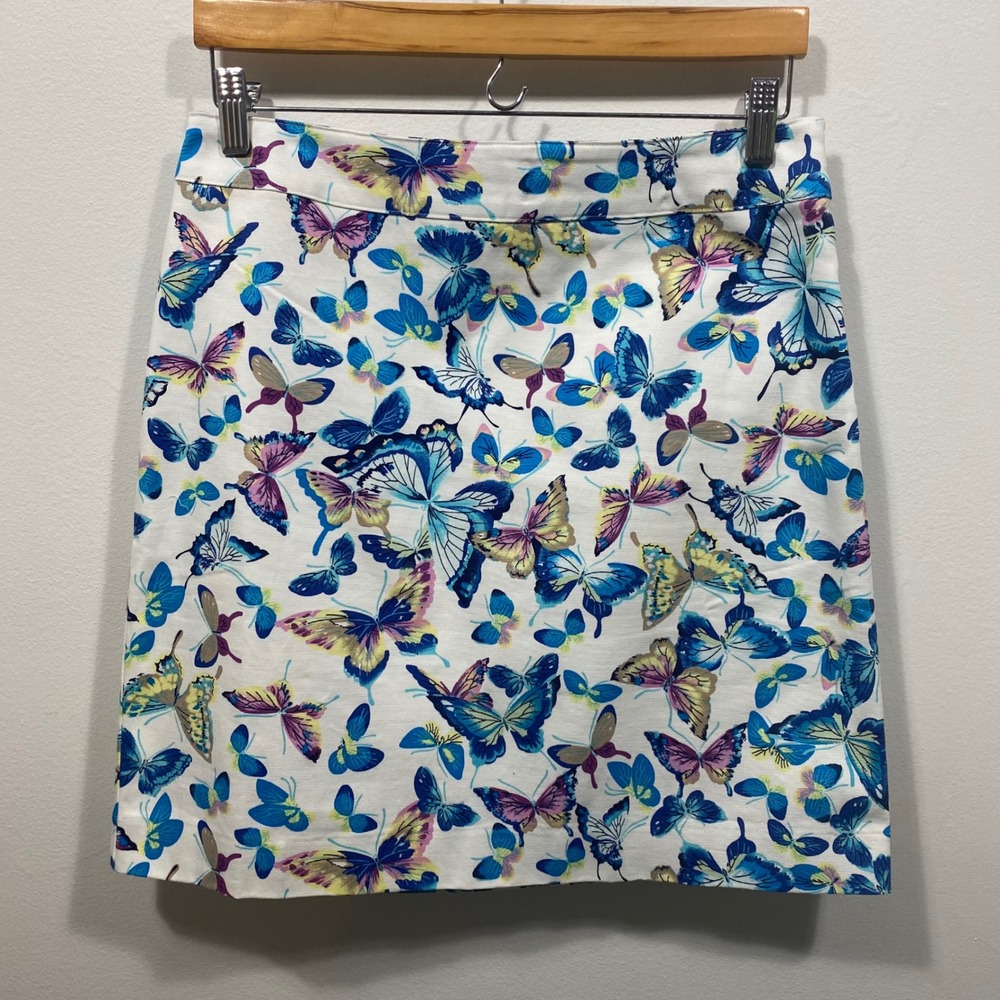 Talbots Petite Skirt 6P White Blue Butterfly Print Cotton Blend Boho Career‎